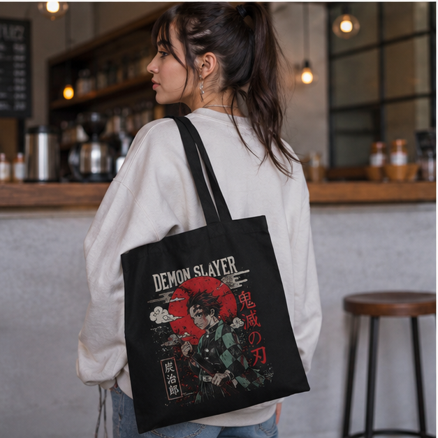 Black tote bag with Tanjiro Kamado Demon Slayer Crimson Sun Tanjiro graphic – photo 3