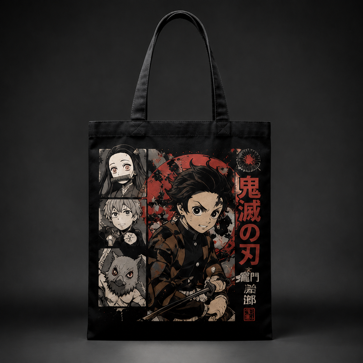 Black tote bag with Tanjiro Kamado Demon Slayer Manga Panel Crew graphic – photo 1
