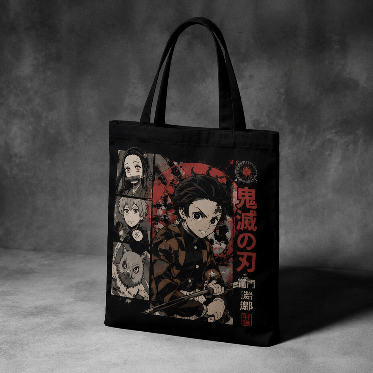 Black tote bag with Tanjiro Kamado Demon Slayer Manga Panel Crew graphic – photo 2