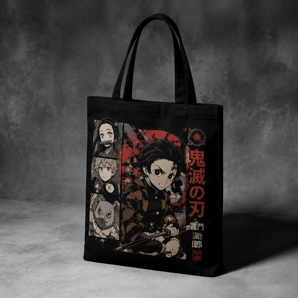 Black tote bag with Tanjiro Kamado Demon Slayer Manga Panel Crew graphic – photo 2