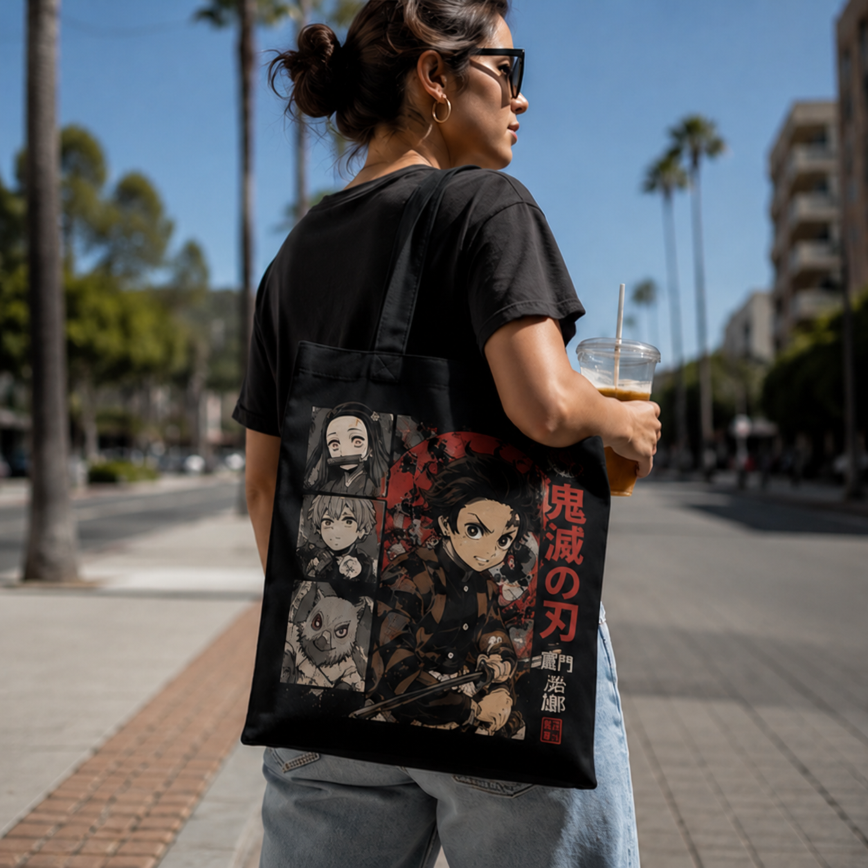 Black tote bag with Tanjiro Kamado Demon Slayer Manga Panel Crew graphic – photo 3