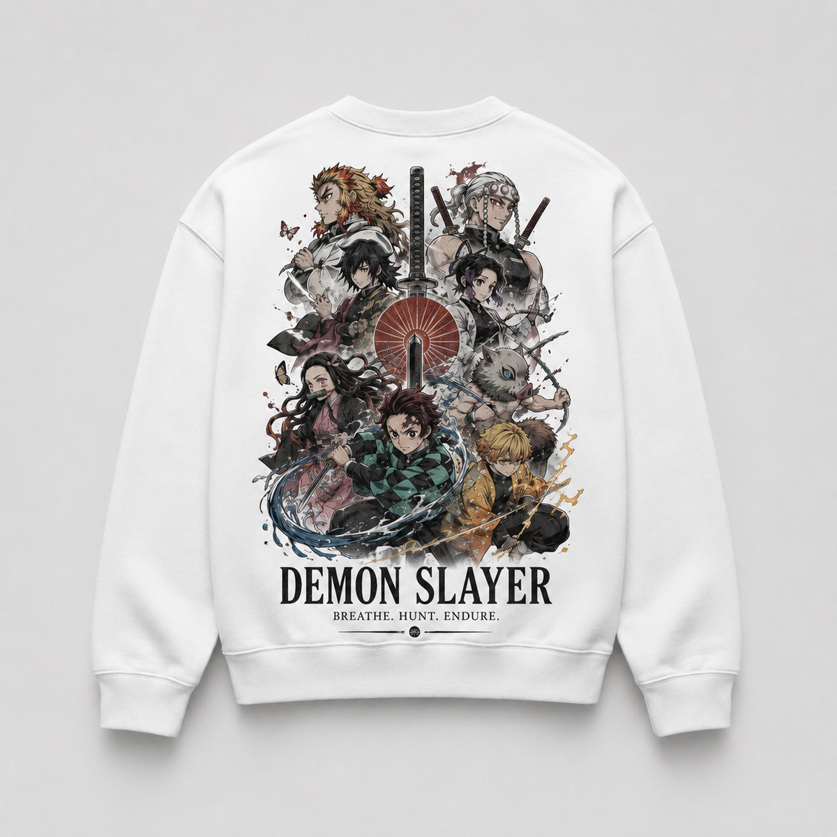 White sweatshirt with Tanjiro Kamado Demon Slayer Slayer Ensemble Poster graphic – photo 1