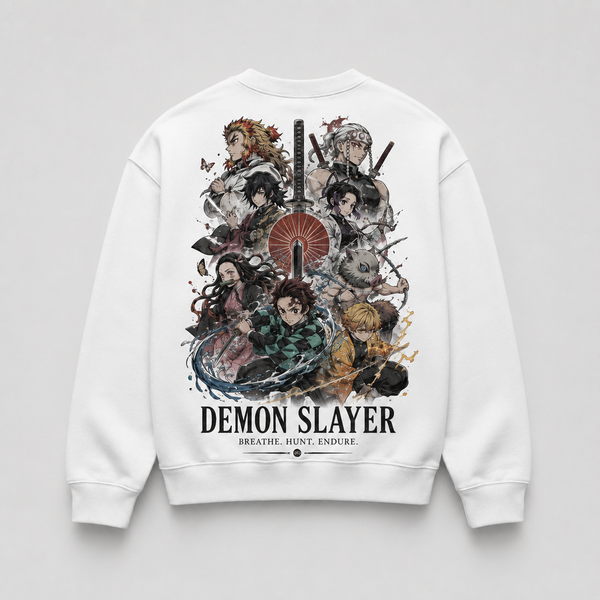 White sweatshirt with Tanjiro Kamado Demon Slayer Slayer Ensemble Poster graphic – photo 1