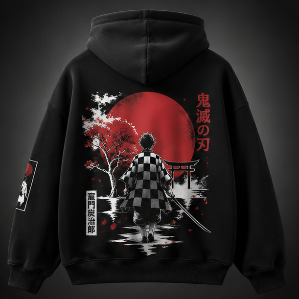 Black hoodie with Tanjiro Kamado Demon Slayer Torii Gate Journey graphic – photo 1