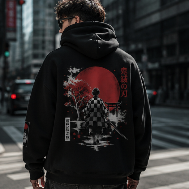 Black hoodie with Tanjiro Kamado Demon Slayer Torii Gate Journey graphic – photo 3