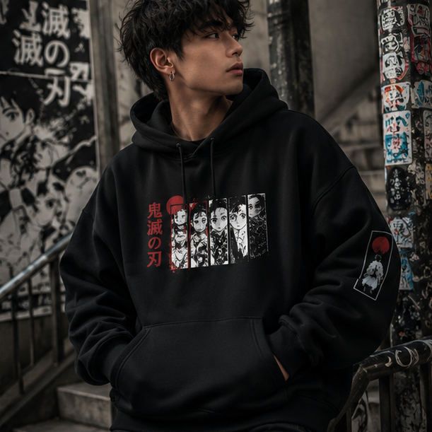 Black hoodie with Tanjiro Kamado Demon Slayer Torii Gate Journey graphic – photo 4