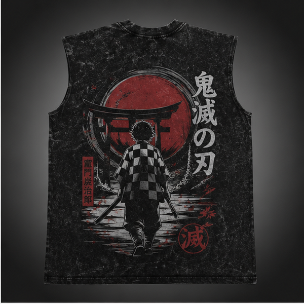 Washed black tank top with Tanjiro Kamado Demon Slayer Torii Gate Path graphic – photo 1