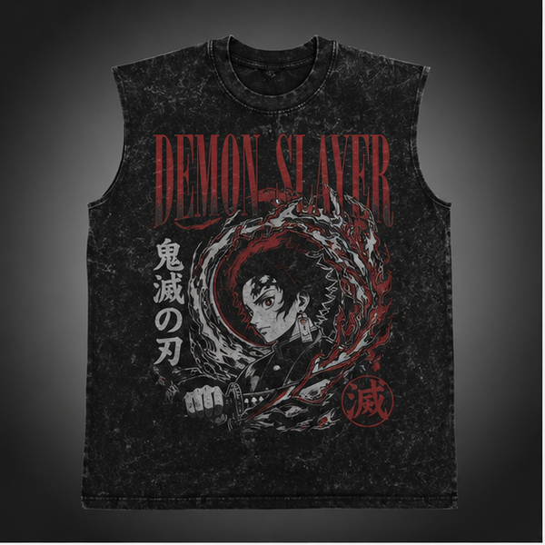 Washed black tank top with Tanjiro Kamado Demon Slayer Torii Gate Path graphic – photo 2