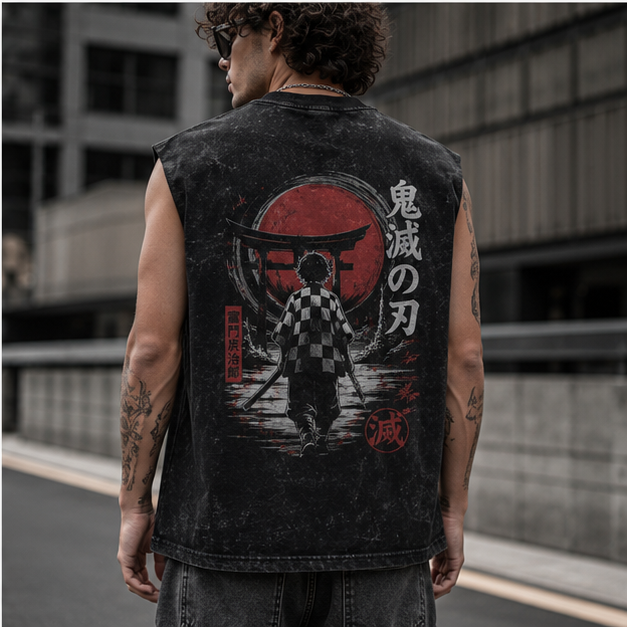 Washed black tank top with Tanjiro Kamado Demon Slayer Torii Gate Path graphic – photo 3