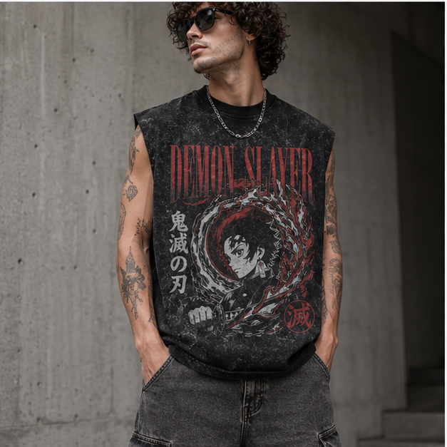 Washed black tank top with Tanjiro Kamado Demon Slayer Torii Gate Path graphic – photo 4