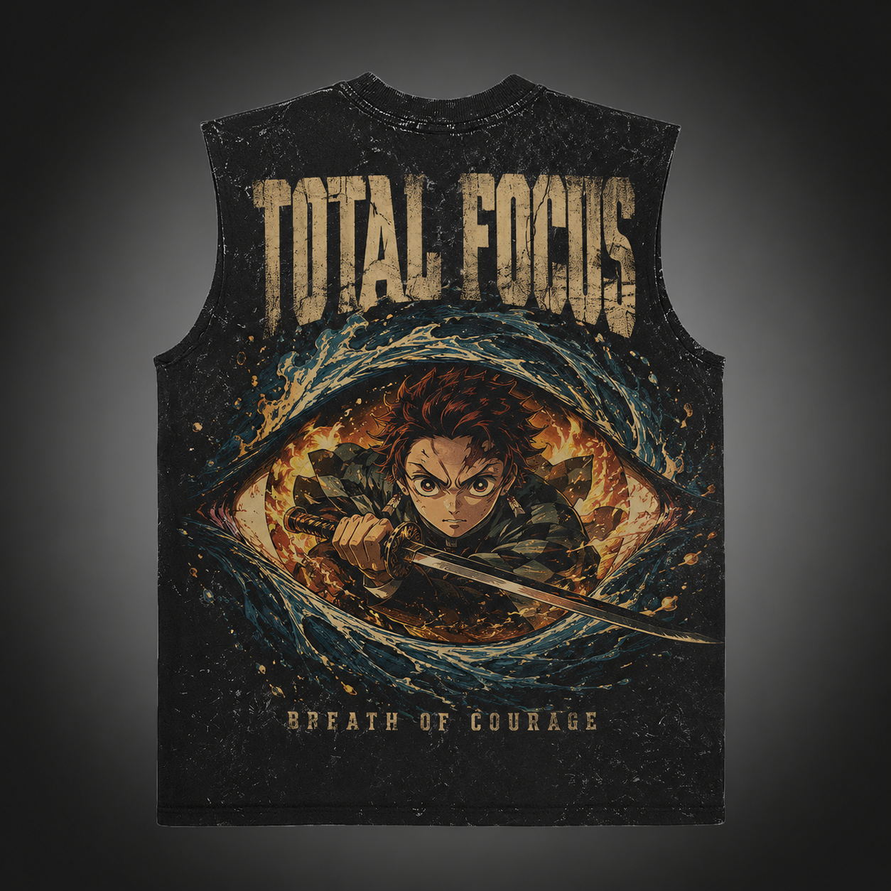 Washed black tank top with Tanjiro Kamado Demon Slayer Total Focus graphic – photo 1