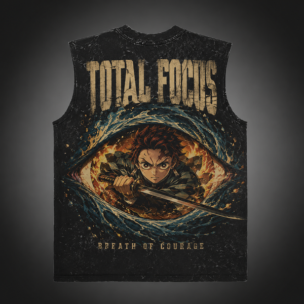 Washed black tank top with Tanjiro Kamado Demon Slayer Total Focus graphic – photo 1