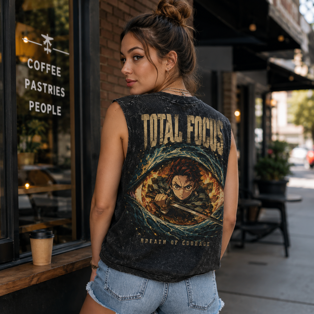 Washed black tank top with Tanjiro Kamado Demon Slayer Total Focus graphic – photo 3