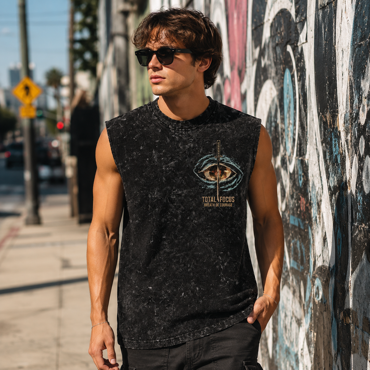 Washed black tank top with Tanjiro Kamado Demon Slayer Total Focus graphic – photo 4