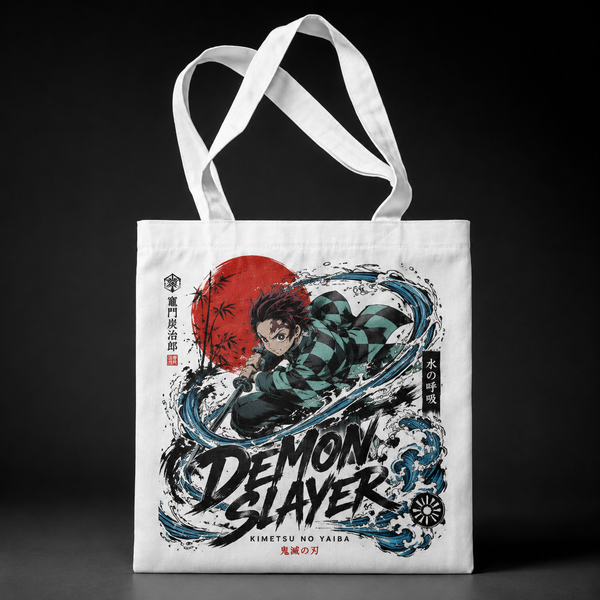White tote bag with Tanjiro Kamado Demon Slayer Water Breathing Strike graphic – photo 1