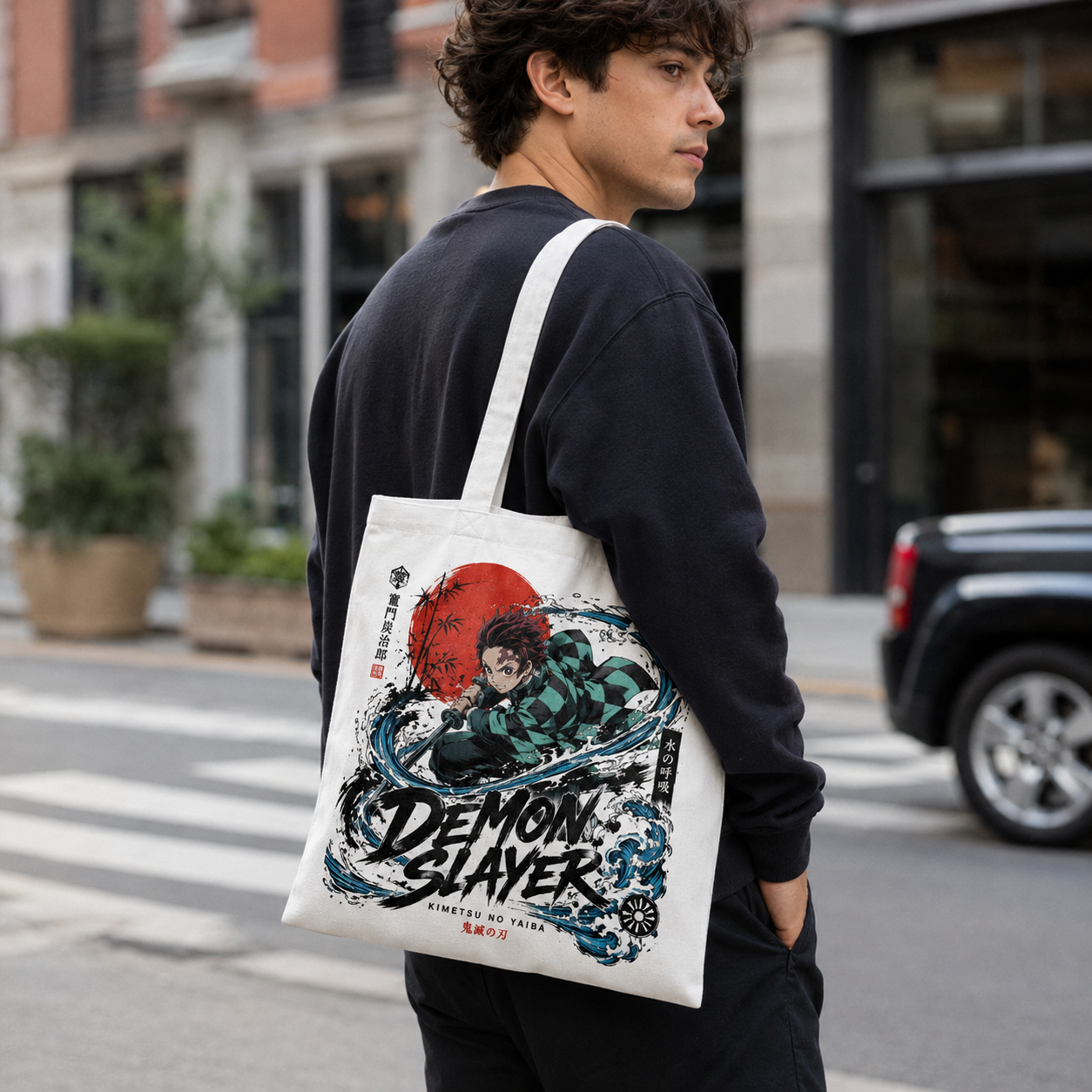 White tote bag with Tanjiro Kamado Demon Slayer Water Breathing Strike graphic – photo 3