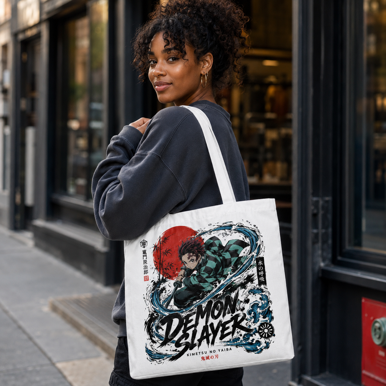 White tote bag with Tanjiro Kamado Demon Slayer Water Breathing Strike graphic – photo 4