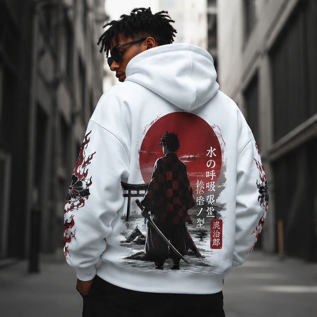 White hoodie with Tanjiro Kamado Demon Slayer Water Breathing Tanjiro graphic – photo 3