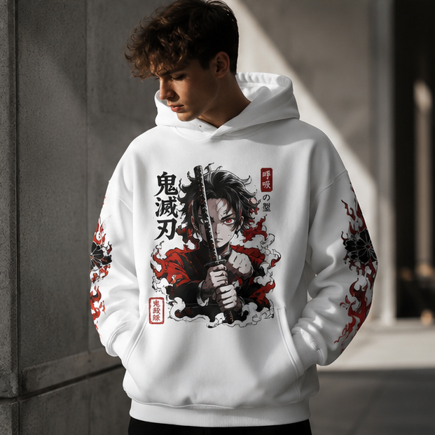 White hoodie with Tanjiro Kamado Demon Slayer Water Breathing Tanjiro graphic – photo 4