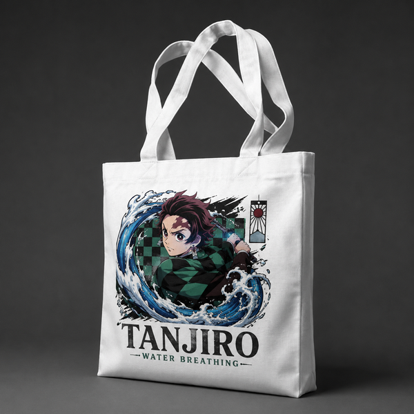 White tote bag with Tanjiro Kamado Demon Slayer Water Breathing Waves graphic – photo 2
