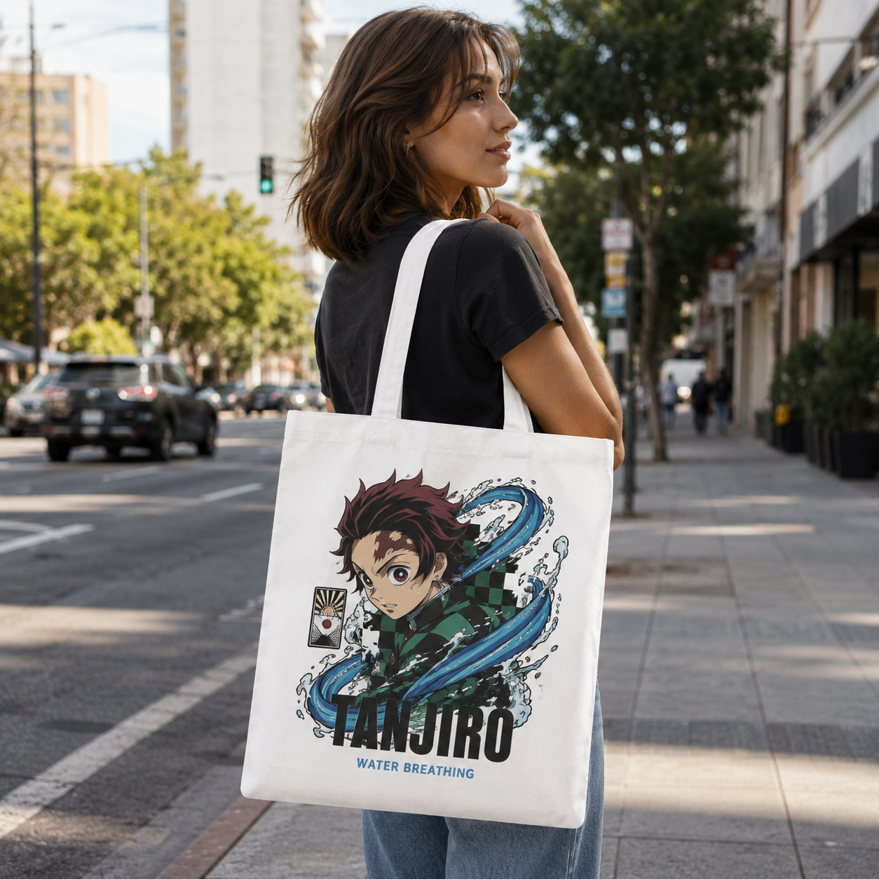 White tote bag with Tanjiro Kamado Demon Slayer Water Breathing Waves graphic – photo 3