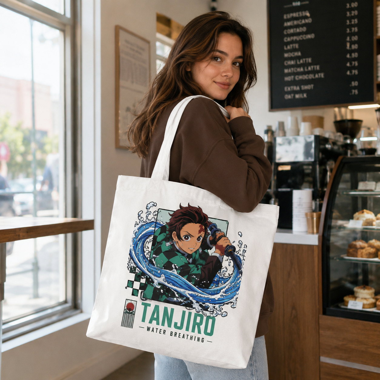 White tote bag with Tanjiro Kamado Demon Slayer Water Breathing Waves graphic – photo 4