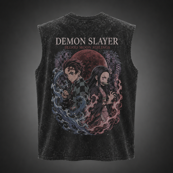 Washed black tank top with Tanjiro Kamado & Nezuko Kamado Demon Slayer Blood Moon Siblings graphic – photo 1