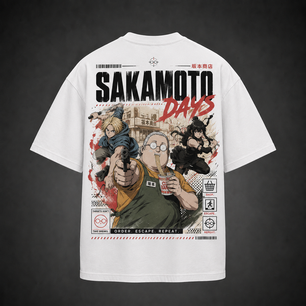 White t-shirt with Taro Sakamoto & Heisuke Mashimo Sakamoto Days Order Escape Repeat graphic – photo 1