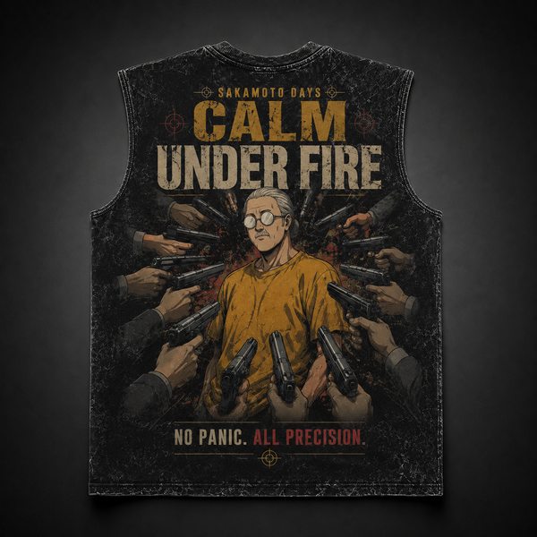 Washed black tank top with Taro Sakamoto Sakamoto Days Calm Under Fire graphic – photo 1