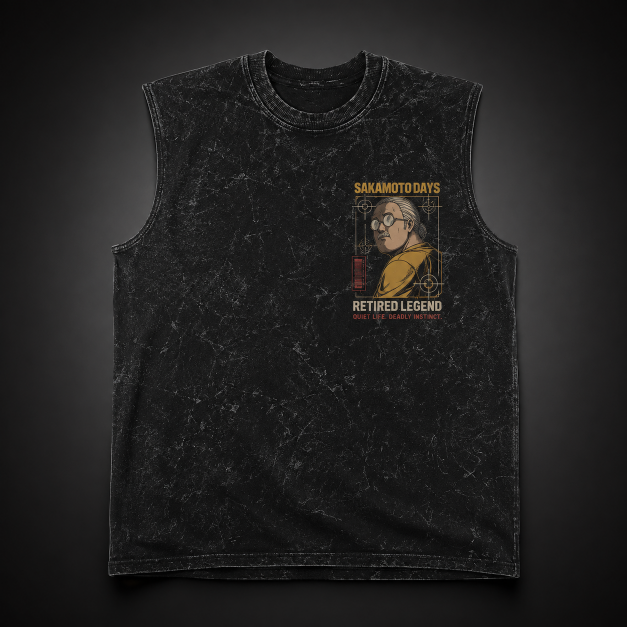 Washed black tank top with Taro Sakamoto Sakamoto Days Calm Under Fire graphic – photo 2