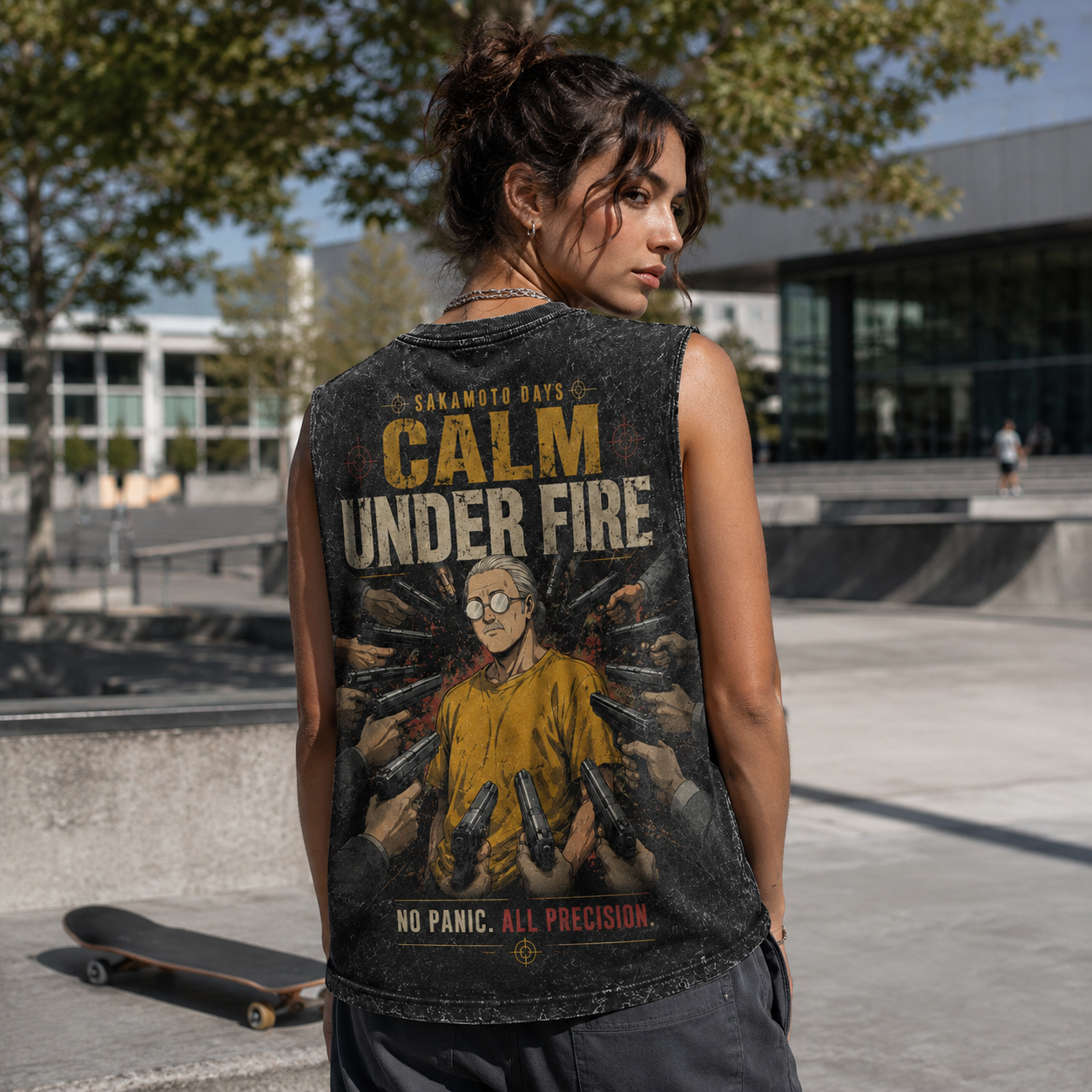 Washed black tank top with Taro Sakamoto Sakamoto Days Calm Under Fire graphic – photo 3
