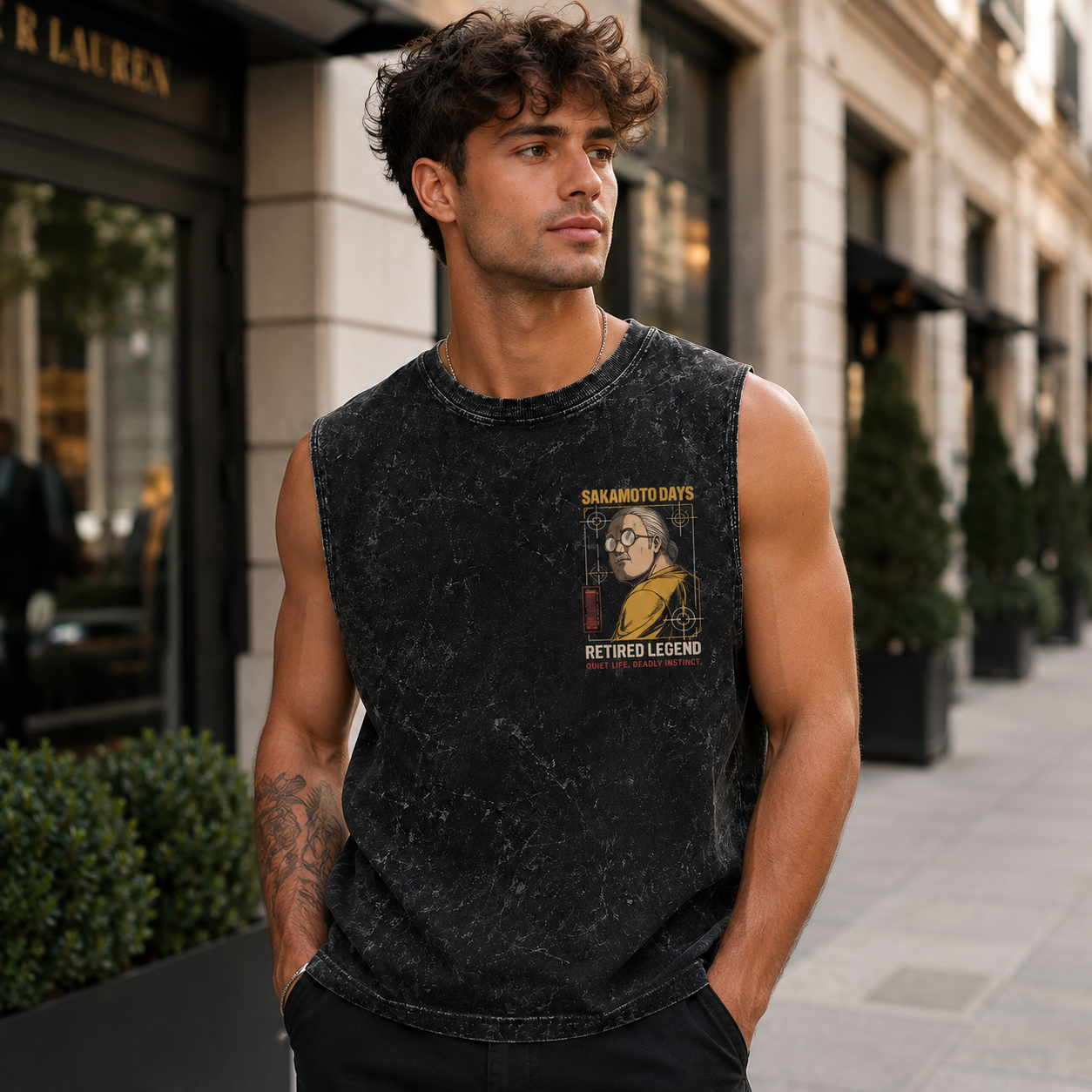 Washed black tank top with Taro Sakamoto Sakamoto Days Calm Under Fire graphic – photo 4