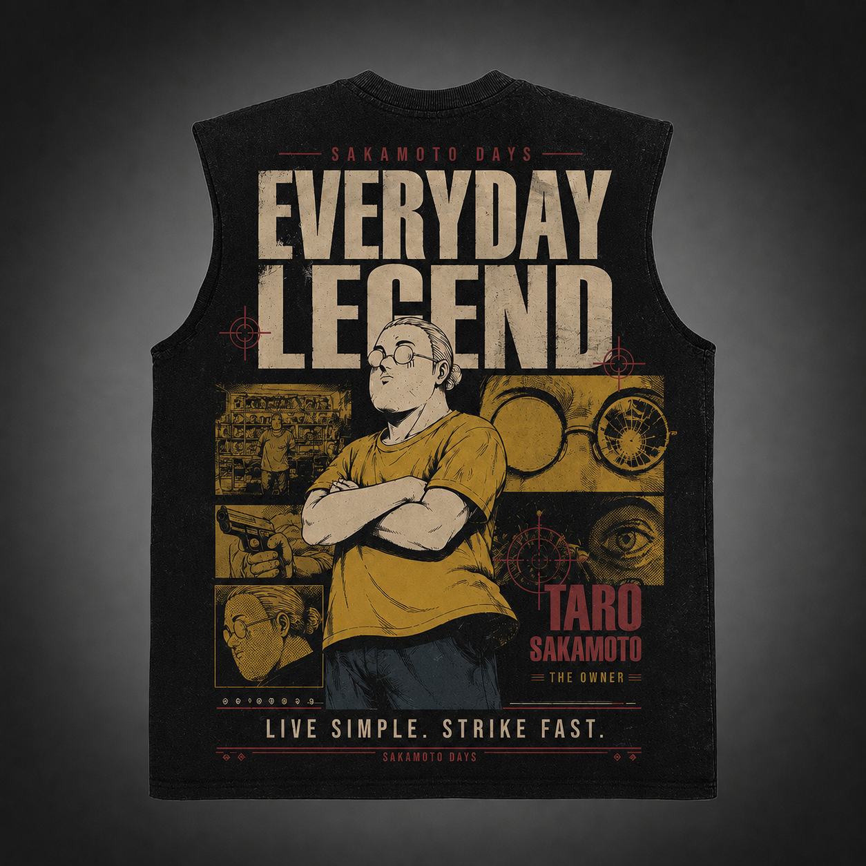Washed black tank top with Taro Sakamoto Sakamoto Days Everyday Legend graphic – photo 1
