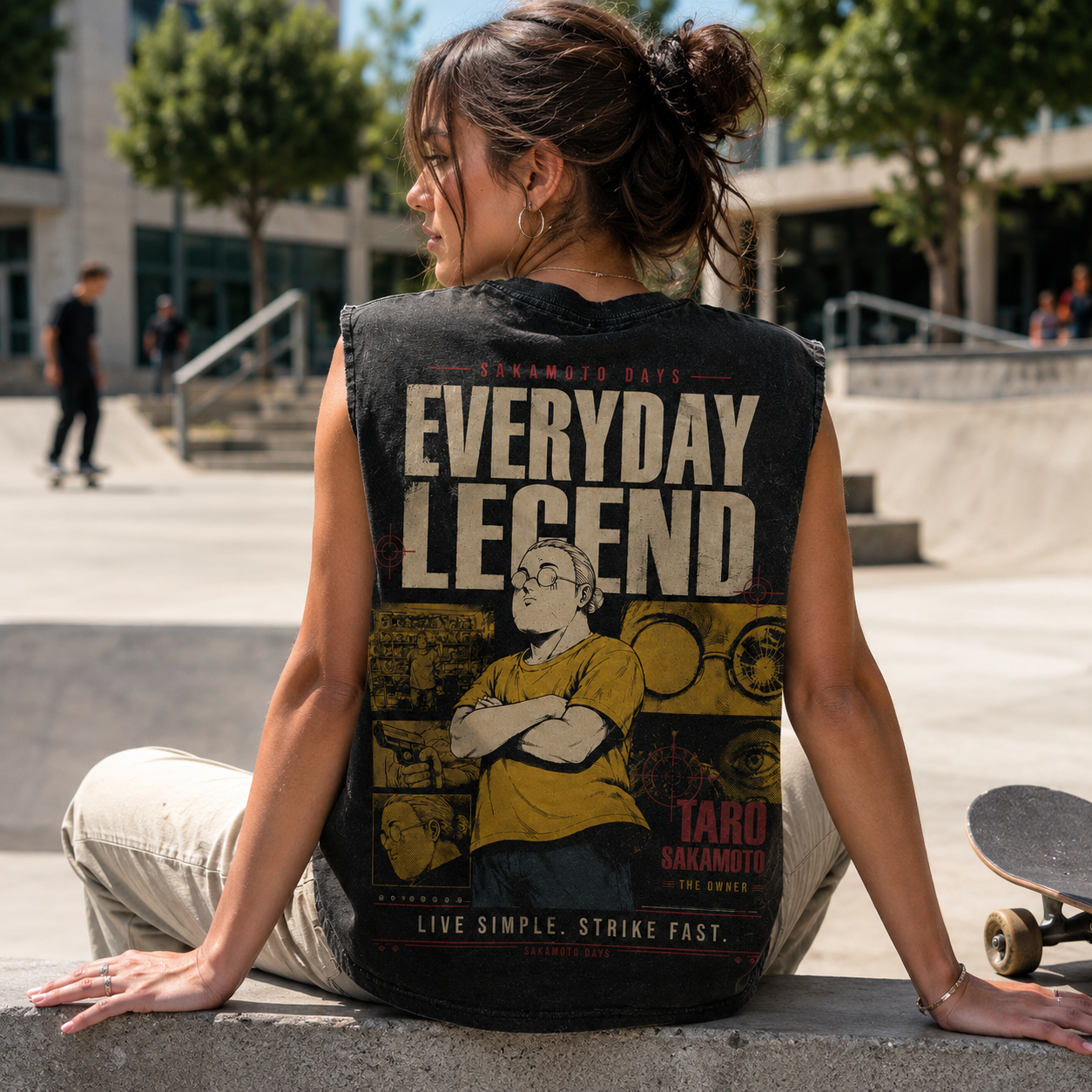 Washed black tank top with Taro Sakamoto Sakamoto Days Everyday Legend graphic – photo 3