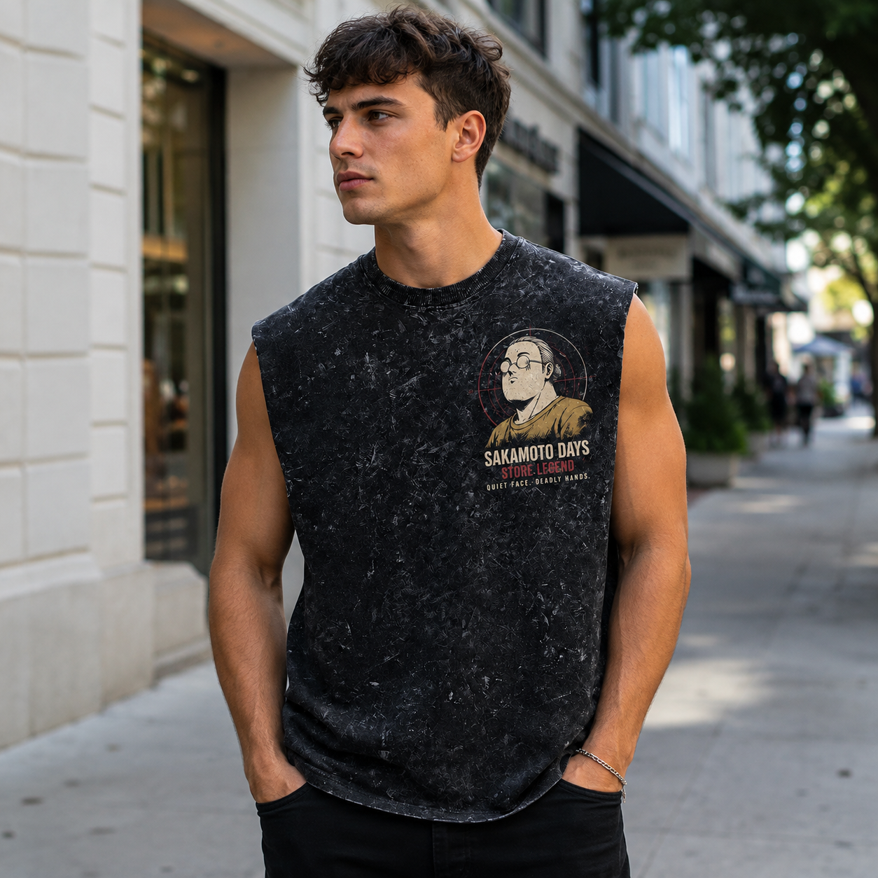 Washed black tank top with Taro Sakamoto Sakamoto Days Everyday Legend graphic – photo 4