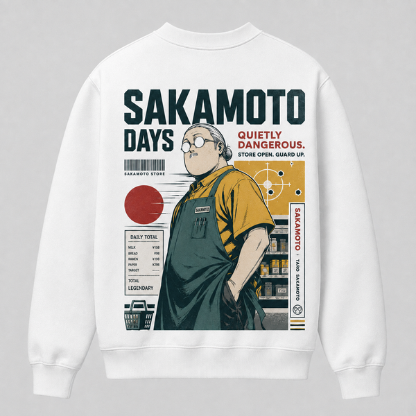 White sweatshirt with Taro Sakamoto Sakamoto Days Quietly Dangerous graphic – photo 1