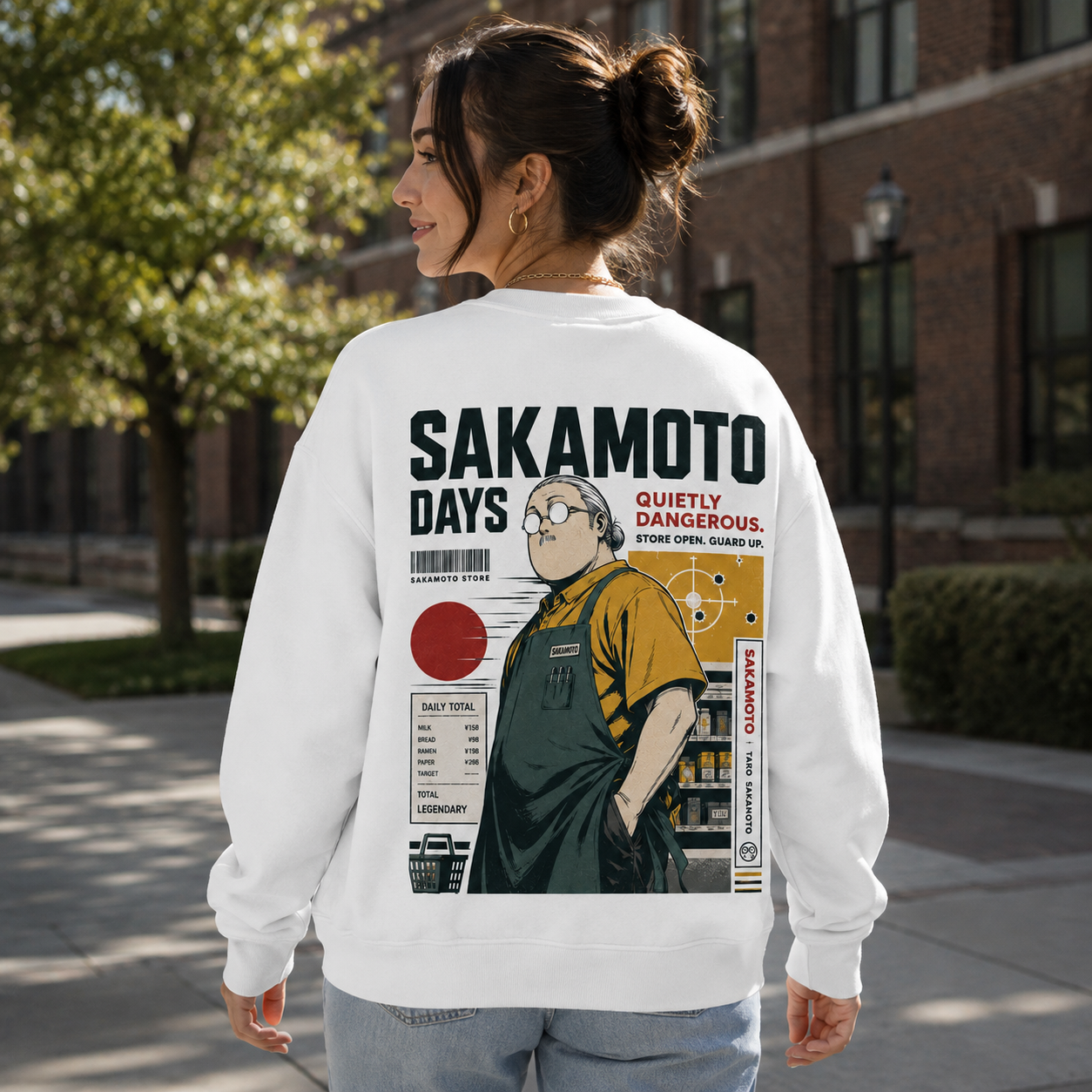 White sweatshirt with Taro Sakamoto Sakamoto Days Quietly Dangerous graphic – photo 3