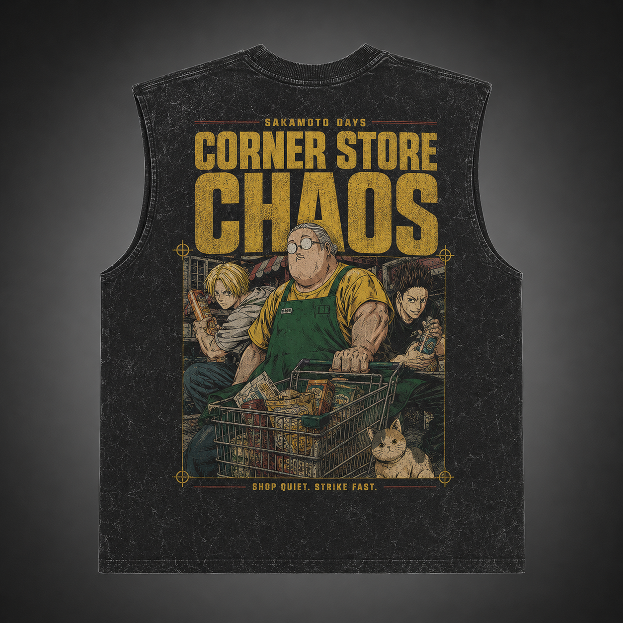 Washed black tank top with Taro Sakamoto & Shin Asakura Sakamoto Days Corner Store Chaos graphic – photo 1