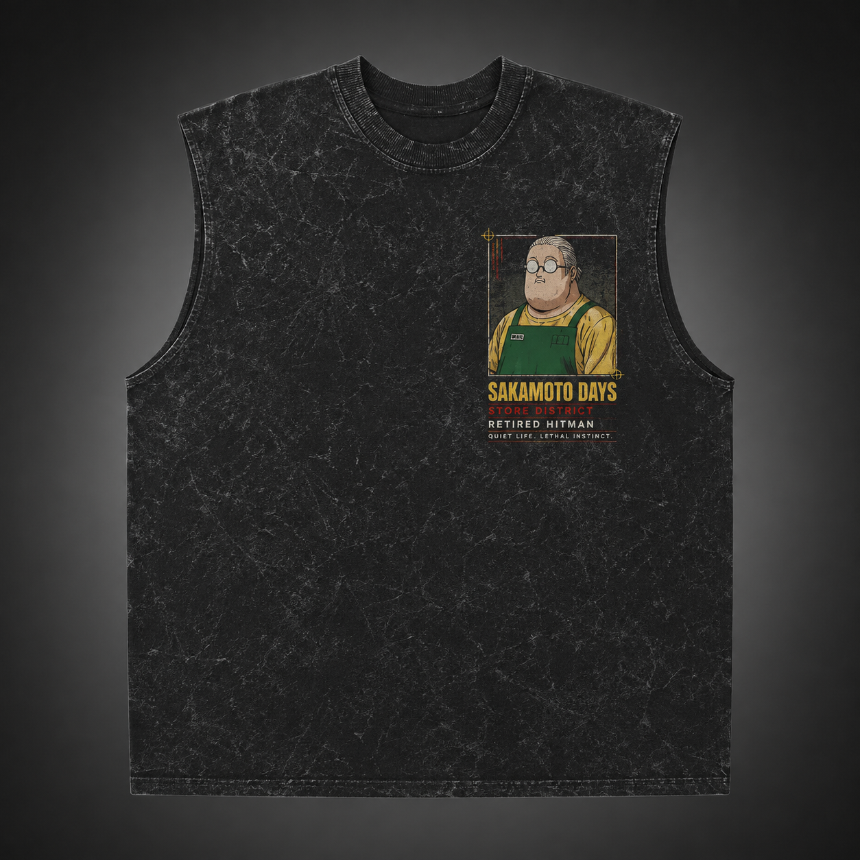 Washed black tank top with Taro Sakamoto & Shin Asakura Sakamoto Days Corner Store Chaos graphic – photo 2