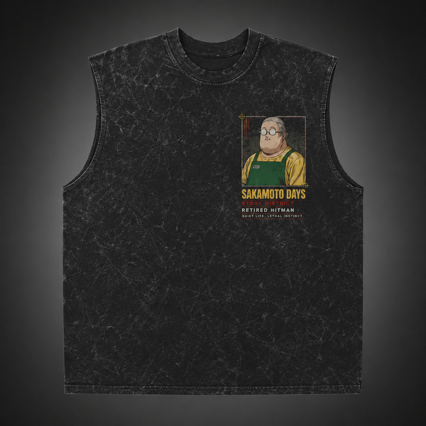 Washed black tank top with Taro Sakamoto & Shin Asakura Sakamoto Days Corner Store Chaos graphic – photo 2