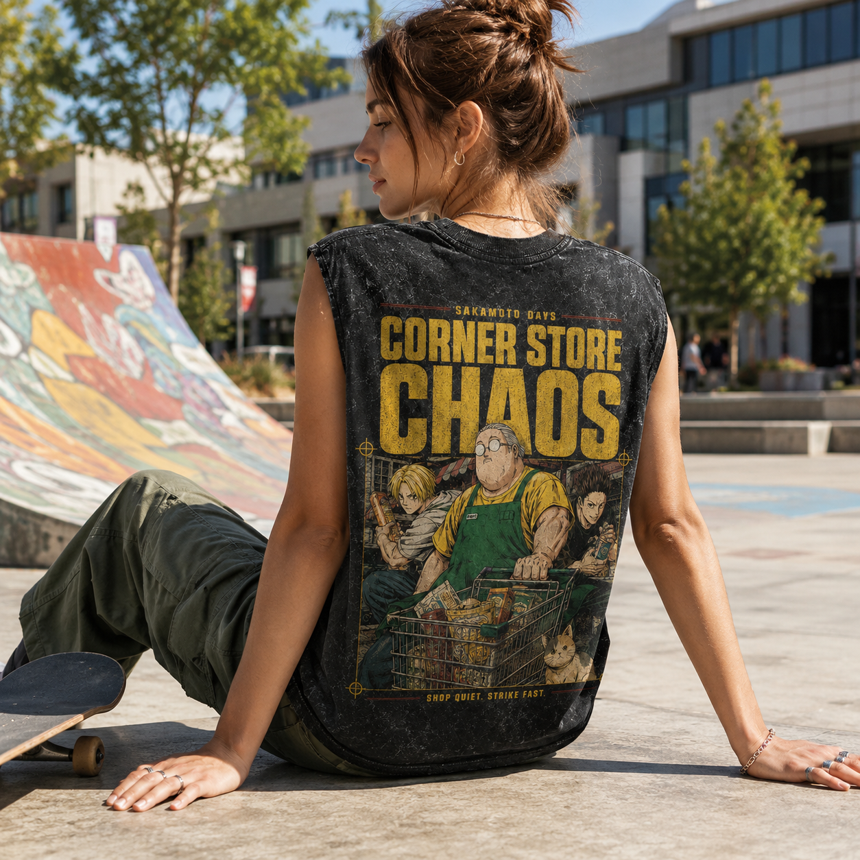 Washed black tank top with Taro Sakamoto & Shin Asakura Sakamoto Days Corner Store Chaos graphic – photo 3