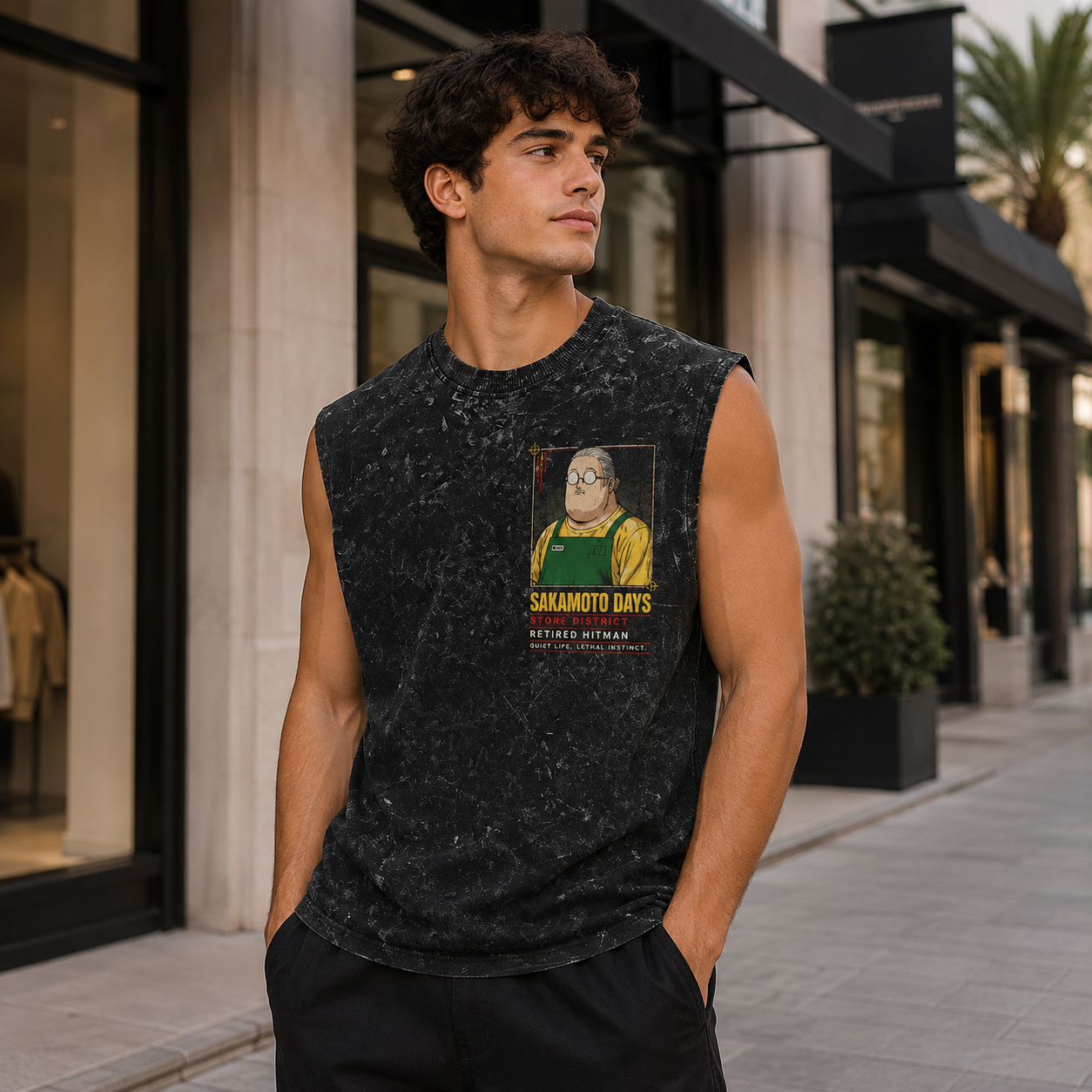 Washed black tank top with Taro Sakamoto & Shin Asakura Sakamoto Days Corner Store Chaos graphic – photo 4