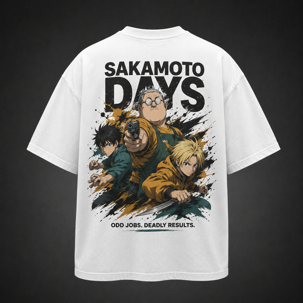 White t-shirt with Taro Sakamoto & Shin Asakura Sakamoto Days Odd Jobs Deadly Results graphic – photo 1