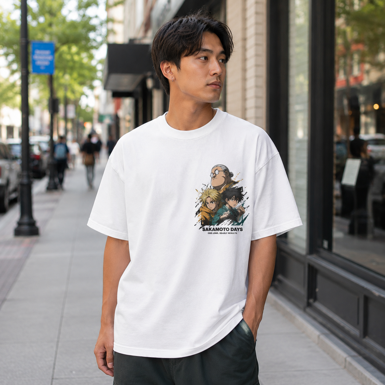 White t-shirt with Taro Sakamoto & Shin Asakura Sakamoto Days Odd Jobs Deadly Results graphic – photo 4