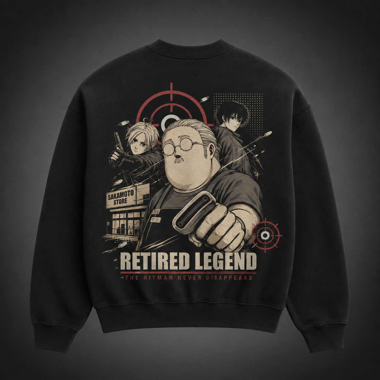 Black sweatshirt with Taro Sakamoto & Shin Asakura Sakamoto Days Retired Legend graphic – photo 1