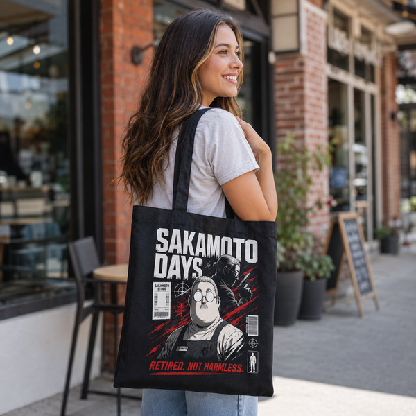 Black tote bag with Taro Sakamoto & Shin Asakura Sakamoto Days Retired Not Harmless graphic – photo 1