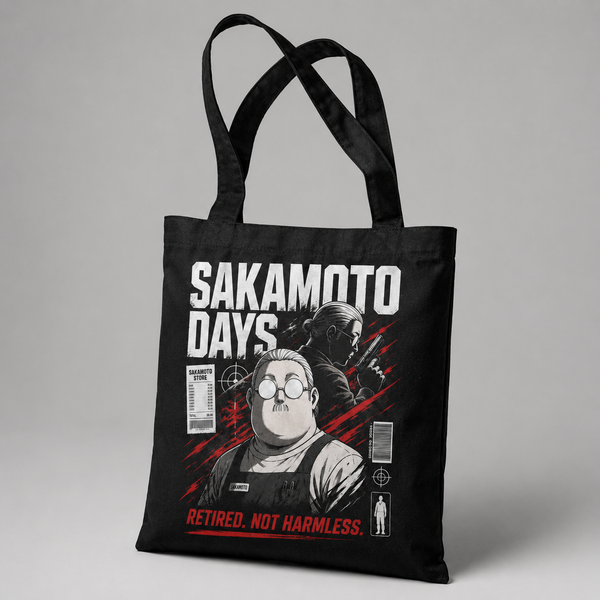 Black tote bag with Taro Sakamoto & Shin Asakura Sakamoto Days Retired Not Harmless graphic – photo 2