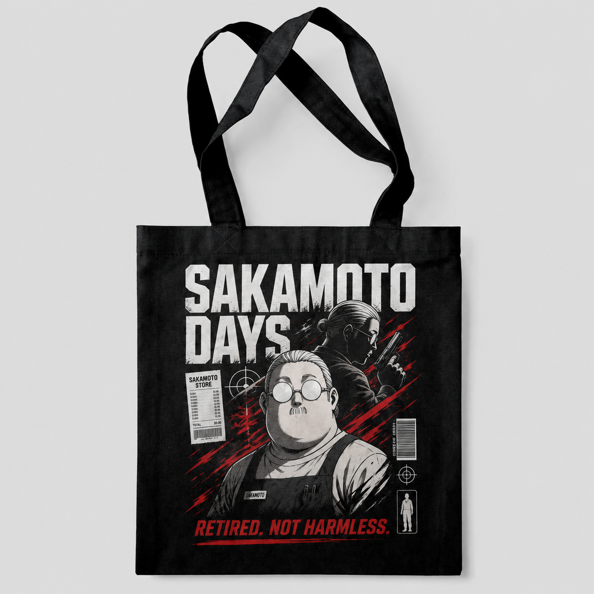 Black tote bag with Taro Sakamoto & Shin Asakura Sakamoto Days Retired Not Harmless graphic – photo 3