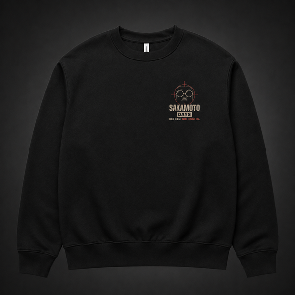 Black sweatshirt with Taro Sakamoto & Shin Asakura Sakamoto Days Retired Not Rusted graphic – photo 2