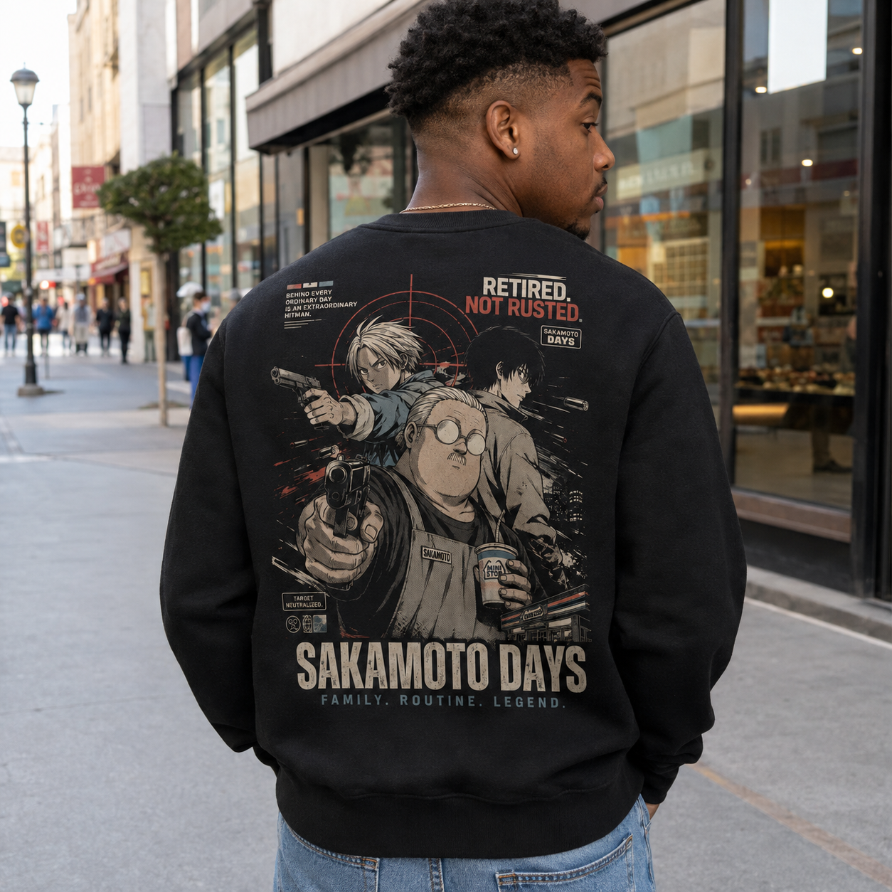 Black sweatshirt with Taro Sakamoto & Shin Asakura Sakamoto Days Retired Not Rusted graphic – photo 3
